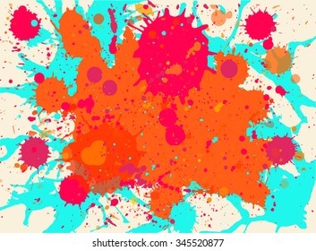 Vibrant bright orange, red and blue watercolor paint artistic splashes background, horizontal format.