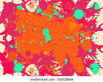 Vibrant bright orange, red and green paint artistic multicolor splashes background, horizontal format.