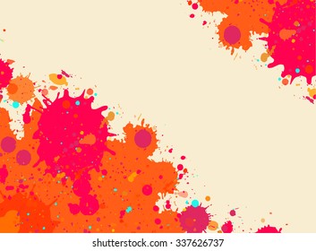 Vibrant bright orange watercolor artistic splashes frame with room for text, horizontal format.
