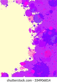 Vibrant bright purple watercolor artistic splashes frame with room for text, vertical format.