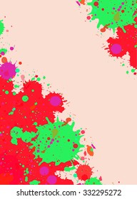 Vibrant bright red with green drops watercolor artistic splashes frame with room for text, vertical format.