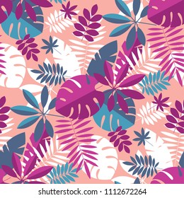 Vibrant bright simple tropical leaves seamless pattern. for background, wrapping paper, fabric, surface design. Endless colorful repeatable motif for surface design
