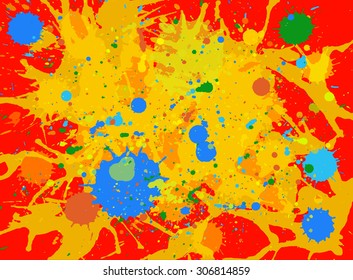 Vibrant bright watercolor paint artistic orange, yellow and blue splashes background.