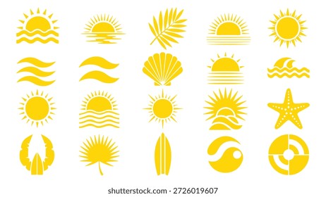 Lebendige hellgelbe flache Grafik Sommer und Strand Icons, einschließlich Sonne, Wellen, Palmblätter und Surfbretter, sind ideal für tropische Urlaub Branding und Urlaub Design-Projekte