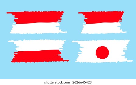 Vibrant Brushstroke Flags of Indonesia and Japan on Blue - Cultural Icons and National Symbols in Red and White, Asian Nations, Artistic Flags