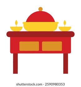 A vibrant **buffet table vector illustration**, featuring an elegant spread of dishes, beverages, and tableware. Perfect for restaurant menus, catering services, and food-related designs. Available 