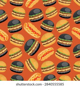 Vibrant burger and hot dog pattern, fresh, fun, irresistible, burger, hamburger, hot dog, vector illustration. seamless pattern. fast food