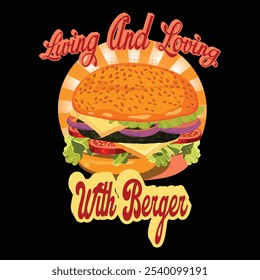 A vibrant burger t-shirt design featuring a juicy burger with a golden, toasted bun, melting cheese, crisp lettuce, and fresh tomatoes. Playful drips of sauce spill over the edges, surrounded by comic