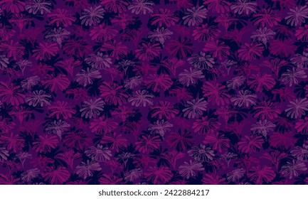 Vibrant burgundy silhouettes shape flowers seamless pattern on a dark purple background. Vector hand drawn sketch. Brush textured floral printing. Template for textile, surface design, fabric, fashion