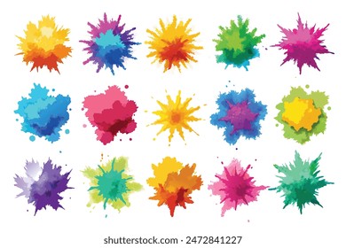 Vibrant Burst: Sets of Multicolor Powder Explosion on White Background