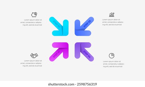 A vibrant business flowchart design featuring four steps represented by colorful arrows and icons conveying various processes, ideal for presentations, infographics, and project planning visuals
