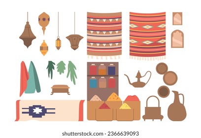 Vibrant, Bustling Arab Market Items Set. Colorful Textiles, Ornate Ceramics, Aromatic Spices, And Exotic Treasures