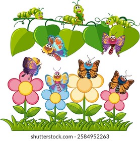 Vibrant butterflies and caterpillars among blooming flowers