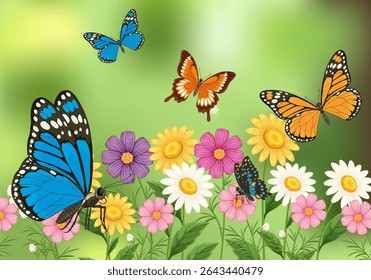 Vibrant butterflies flutter above a field of colorful flowers. Detailed vector art with bright hues and soft background