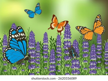 As borboletas vibrantes flutuam acima de um exuberante campo de lavanda. Cores brilhantes e ilustração vetorial detalhada capturam a beleza da natureza