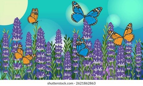 Borboletas vibrantes flutuam entre flores de lavanda contra um céu turquesa. Arte vetorial detalhada com cores vivas e composição natural