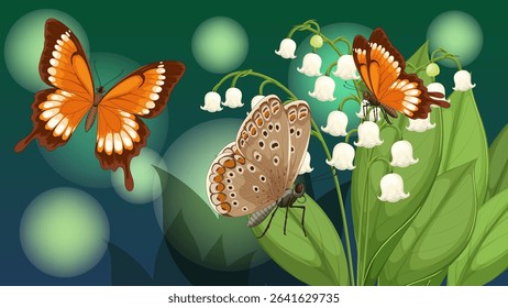 Vibrant butterflies flutter around delicate lily of the valley flowers. Rich colors and detailed vector style enhance the natural scene