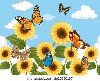 Borboletas vibrantes flutuam em torno de girassóis sob um céu azul claro com nuvens fofas. Ilustração vetorial com cores vivas e composição detalhada