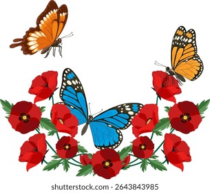 Vibrant butterflies fluttering above bright red poppies in a detailed vector style. Bold colors and intricate patterns enhance visual appeal