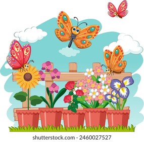 Vibrant butterflies fluttering around blooming flowers