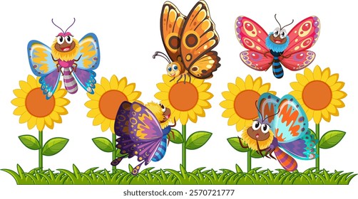 Vibrant butterflies fluttering around cheerful sunflowers