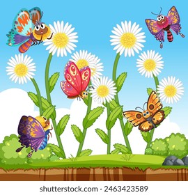 Vibrant butterflies fluttering around white daisies