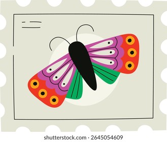 Uma borboleta vibrante com padrões decorativos em um selo postal em estilo plano. O inseto exibe asas coloridas com motivos circulares contra um fundo simples. Ilustração de vetor de desenhos animados.