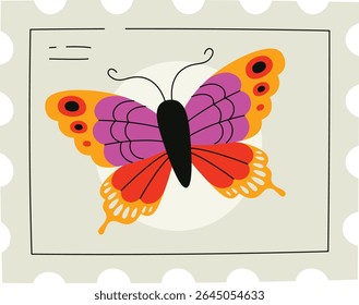 Uma borboleta vibrante com asas detalhadas em um selo postal em estilo cartoon. O inseto é retratado com padrões brilhantes e contornos arrojados. Ilustração de vetor de desenhos animados.