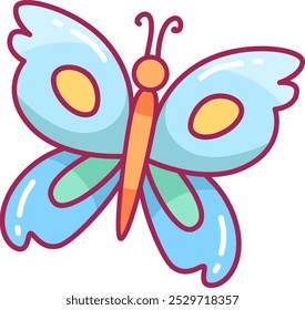 Una mariposa vibrante muestra sus impresionantes alas azules con suaves acentos amarillos y un cuerpo naranja. Esta encantadora ilustración exuda un ambiente alegre y juguetón.