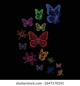 Vibrant Butterfly And Dragonfly Swarm: Colorful Insect Line Art