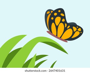 Uma borboleta vibrante flutua suavemente sobre uma paisagem viva e verdejante. A dança graciosa do inseto encarna a beleza da natureza, exalando um senso de delicada elegância