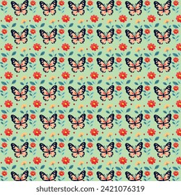 Vibrant Butterfly and Floral Pattern on Turquoise Background.