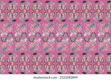 Mariposa vibrante y patrón floral sobre fondo rosa - colorido diseño de Vector de repetición para textiles, Fondos de pantalla y arte digital