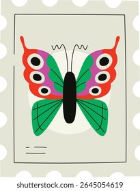 Uma borboleta vibrante com padrões geométricos em um selo postal estilizado. O inseto apresenta formas e linhas em negrito em um estilo gráfico moderno. Ilustração de vetor de desenhos animados.