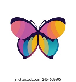 Una mariposa vibrante con un gradiente de colores cálidos a fríos que simbolizan la transformación y la diversidad