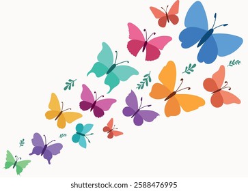 Vibrant butterfly illustration in a modern, minimal style. Colorful flying butterflies with soft, natural shapes and decorative leaves. Perfect for spring, nature, and floral-themed designs.