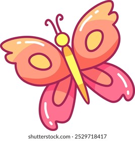 A vibrant butterfly with intricate patterns in pink and orange colors rests against a plain white backdrop showcasing its delicate wings and design.