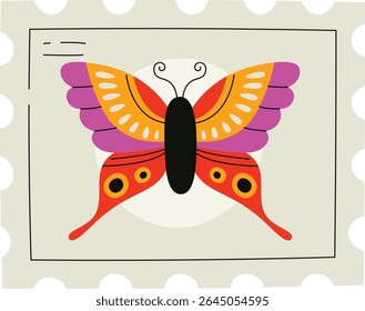A vibrant butterfly with ornate wings sits on a stylized postage stamp. The insect displays intricate patterns and bold shapes in a graphic style. Cartoon vector illustration.