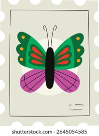 Uma borboleta vibrante com asas estampadas em um selo postal em um estilo plano. O inseto exibe desenhos simétricos e fica no centro do carimbo. Ilustração de vetor de desenhos animados.