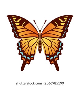 A vibrant butterfly with striking orange and yellow wings adorned with intricate black and blue patterns along the edges, showcasing the beauty of nature in a captivating design, vector illustration.