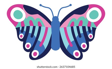 Vibrant butterfly with symmetrical wings displays a colorful pattern, featuring shades of pink, blue, and green, creating a visually appealing and decorative design