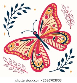 Vibrant butterfly t-shirt design featuring a colorful, hand-drawn butterfly with intricate red, orange, and yellow patterns. Surrounded by delicate leaves and stars