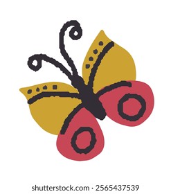 Vibrant butterfly vector illustration in a hand-drawn artistic style, featuring black, red, and yellow elements, isolated on white background. Ideal for decor or print.