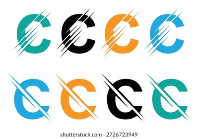 Logos vibrantes de C en varios colores con rayas dinámicas. Diseño de logotipo de iniciales C simple y moderno. Este último C con diseño elegante del logotipo de la compañía del elemento. 