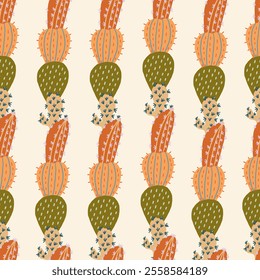 Vibrant cactus pattern on a neutral backdrop. Vector hand drawn surface design in freehand style