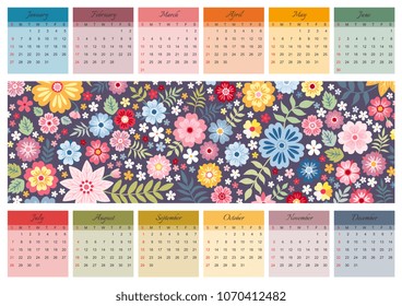 Vibrant calendar for 2019 year. Vector template with ditsy floral pattern with cute colorful flowers. Week starts on sunday.