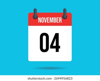 Un icono de calendario vibrante con un encabezado rojo que muestra noviembre y un cuerpo blanco que muestra la fecha 04, establecido sobre un fondo azul brillante.