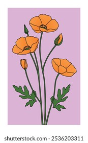 Vibrant California Poppy Flower Print, Colorful Floral Art with Green Leaves, Trendy Floral Posters, Hand drawn Botanical Illustration for Decor