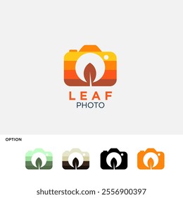 A vibrant camera logo incorporating a leaf element, representing nature and photography. Ideal for eco-friendly photography studios or creative brands focusing on organic and natural themes.