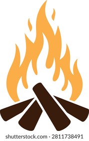Vibrant campfire with dancing orange and yellow flames, three brown logs beneath, essential for outdoor adventures and warmth.